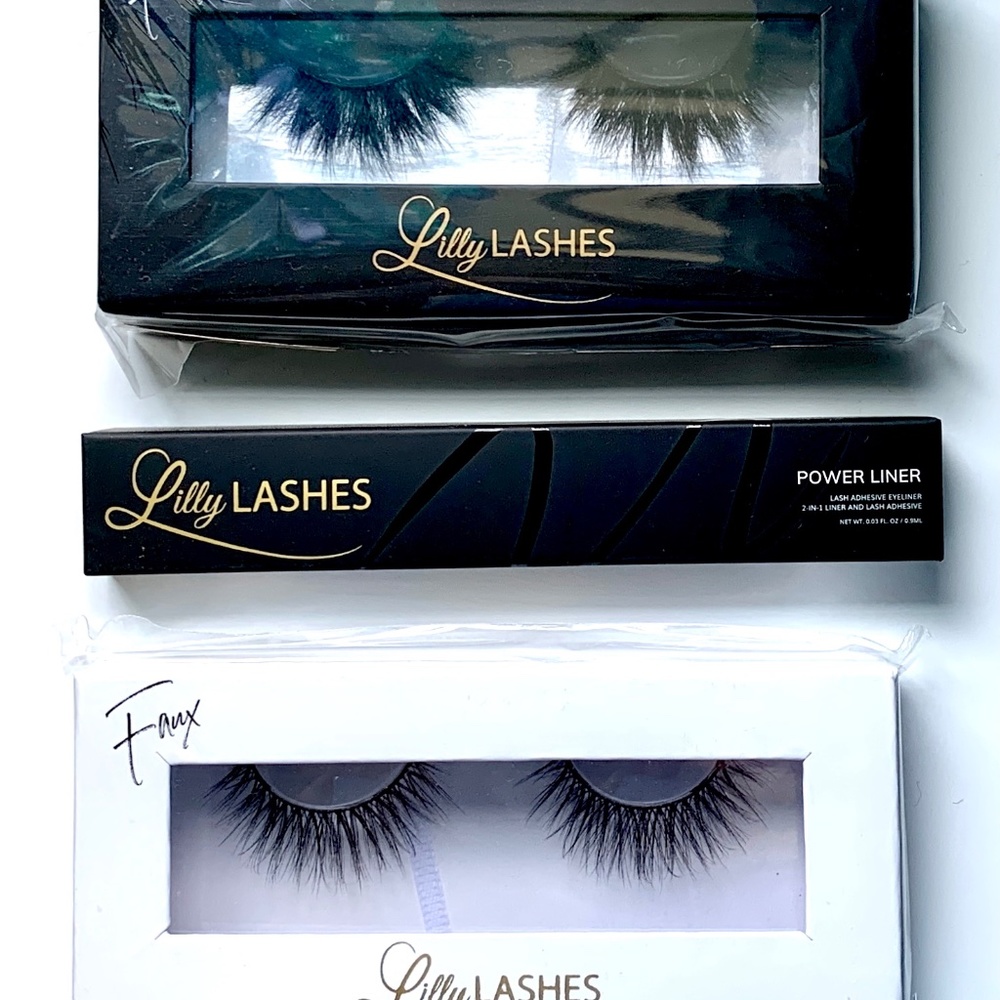 LOT of 3 Lilly Lashes Faux Mink Mykonos & Diamonds w/ Black Power Liner Adhesive